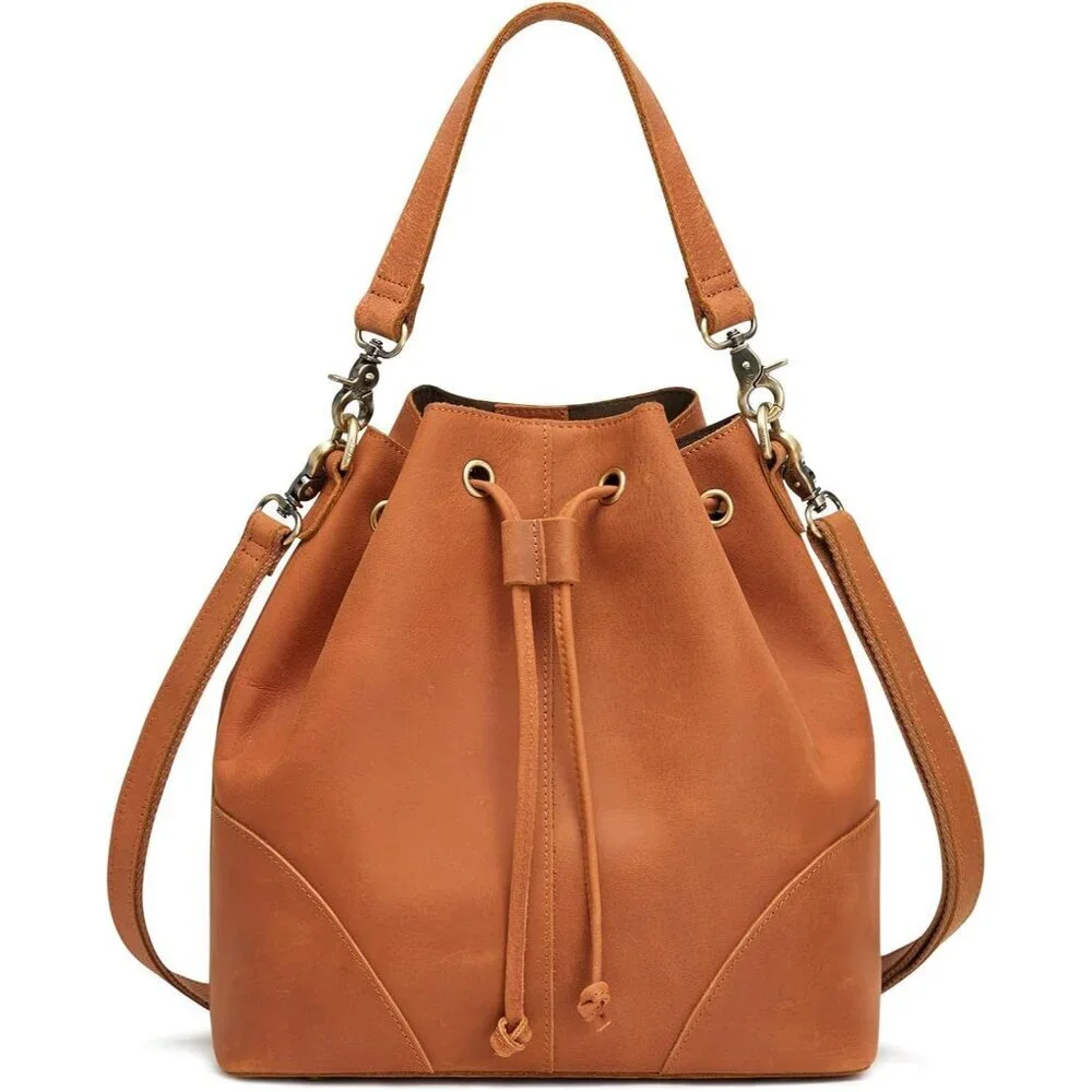 Leather Bucket Bag Women Drawstring Crossbody Shoulder Handbag Vintage Stylish